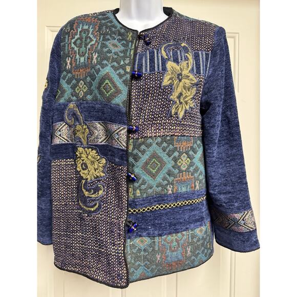 Indigo Moon Jackets & Blazers - Indigo Moon Womens Jacket Patchwork Blue Green Gold Floral Tapestry Eclectic